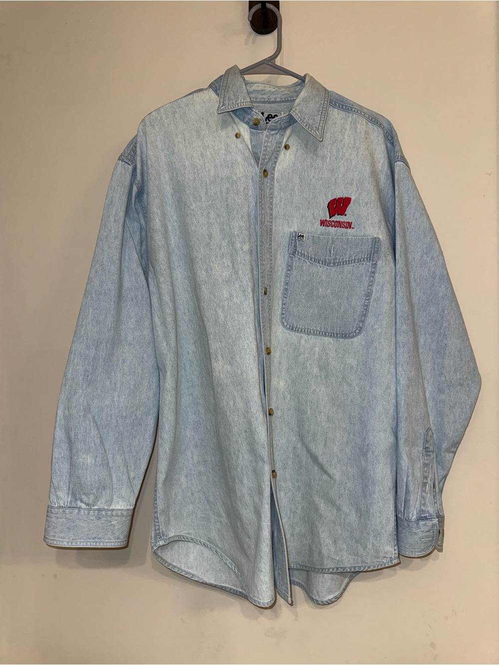 Lee Light Wash Denim Button-Up Shirt with Red Wisconsin 'W'